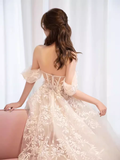 Chic A line Off The Shoulder White Lace Wedding Dress With Cap Sleeves HZ1024