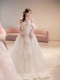 Chic A line Off The Shoulder White Lace Wedding Dress With Cap Sleeves HZ1024