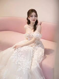 Chic A line Off The Shoulder White Lace Wedding Dress With Cap Sleeves HZ1024