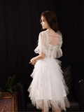 Cute A line Square Neckline Tulle Short Homecoming Dress White Hoco Dresses HZ1024