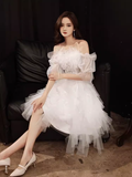 Cute A line Square Neckline Tulle Short Homecoming Dress White Hoco Dresses HZ1024