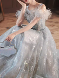 Pretty A Line Off The Shoulder Tulle Gray Long Prom Dresses HZ1024