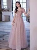 Pretty A Line Short Puffy Sleeves Pink Tulle Beads Long Prom Dresses HZ1024