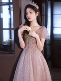 Pretty A Line Short Puffy Sleeves Pink Tulle Beads Long Prom Dresses HZ1024