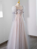 Pretty A Line Scoop Short Puffy Sleeves Pink Tulle Beads Long Prom Dresses HZ1024