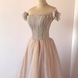 Pretty A Line Off The Shoulder Beads Tulle Sequin Long Prom Dresses HZ1024