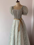 Pretty A Line Square Neckline Tulle Sequin Beads Long Prom Dresses HZ1024