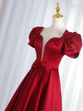 Pretty A Line Short Sleeves Satin Burgundy Long Prom Dresses HZ1024