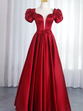 Pretty A Line Short Sleeves Satin Burgundy Long Prom Dresses HZ1024