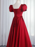 Pretty A Line Short Sleeves Satin Burgundy Long Prom Dresses HZ1024