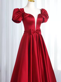 Pretty A Line Short Sleeves Satin Burgundy Long Prom Dresses HZ1024
