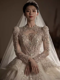 Luxury Ball Gown Scoop Neckline Long Sleeves Sequin Wedding Dress HZ1024