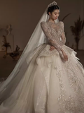 Luxury Ball Gown Scoop Neckline Long Sleeves Sequin Wedding Dress HZ1024
