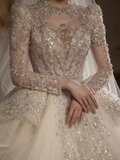 Luxury Ball Gown Scoop Neckline Long Sleeves Sequin Wedding Dress HZ1024