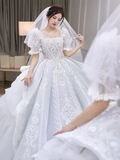 Vintage Ball Gown Square Neckline Short Sleeves Lace Wedding Dress HZ1024