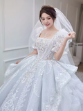 Vintage Ball Gown Square Neckline Short Sleeves Lace Wedding Dress HZ1024