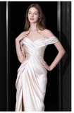 Sexy Sheath Off The Shoulder Short Sleeves White Satin Long Wedding Dresses HZ1024