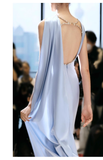 Pretty Sheath Scoop Neckline Satin Blue Slit Long Prom Dresses With Ribbon HZ1024