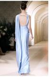 Pretty Sheath Scoop Neckline Satin Blue Slit Long Prom Dresses With Ribbon HZ1024