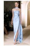 Pretty Sheath Scoop Neckline Satin Blue Slit Long Prom Dresses With Ribbon HZ1024