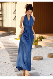 Pretty Sheath High Neckline Satin Royal Blue Long Prom Dresses HZ1024