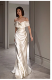 Sexy Sheath Off The Shoulder Short Sleeves Satin Long Wedding Dresses With Ruffles HZ1024