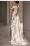 Sexy Sheath Off The Shoulder Short Sleeves Satin Long Wedding Dresses With Ruffles HZ1024