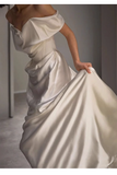 Sexy Sheath Off The Shoulder Short Sleeves Satin Long Wedding Dresses With Ruffles HZ1024