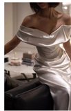 Sexy Sheath Off The Shoulder Short Sleeves Satin Long Wedding Dresses With Ruffles HZ1024