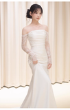 Sexy Sheath Off The Shoulder Long Sleeves Satin Long Wedding Dresses With Lace HZ1024