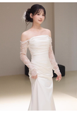 Sexy Sheath Off The Shoulder Long Sleeves Satin Long Wedding Dresses With Lace HZ1024