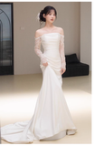 Sexy Sheath Off The Shoulder Long Sleeves Satin Long Wedding Dresses With Lace HZ1024