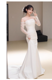 Sexy Sheath Off The Shoulder Long Sleeves Satin Long Wedding Dresses With Lace HZ1024