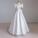 Classy Ball Gown Short Sleeves Floor Length Wedding Dresses With Bow HZ1024