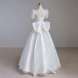 Classy Ball Gown Short Sleeves Floor Length Wedding Dresses With Bow HZ1024