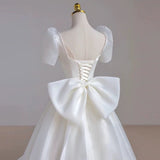 Classy Ball Gown Short Sleeves Floor Length Wedding Dresses With Bow HZ1024