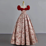 Elegant Ball Gown Puffy Sleeves Satin Red Long Prom Dresses HZ1024