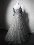 Elegant Ball Gown Strapless Gray Blue Sequin Long Prom Dresses HZ1024