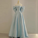 Modest A Line Off The Shoulder Satin Light Sky Blue Prom Dress Long Evening Dresses HZ1024