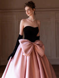Modest Ball Gown Strapless Pink Prom Dress With Bow Long Evening Dresses HZ1024