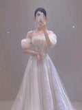 Timeless A Line Off The Shoulder Straps Long Lace White Wedding Dresses HZ1024