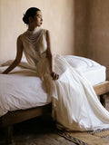 Unique A line High Neckline Chiffon Long Pearls White Wedding Dresses With Ruffles HZ1024