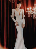 Sexy Mermaid V Neckline Satin Long Sleeves White Wedding Dresses With Buttons HZ1024