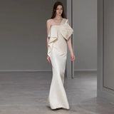 Sexy Sheath One Shoulder Satin Long White Wedding Dresses With Bow HZ1024