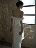 Sexy Sheath Off The Shoulder Lace Long White Wedding Dresses With Ribbon HZ1024
