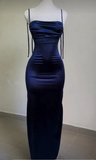 Navy Blue Sheath Long Prom Dress Backless Evening Party Dress HZ1024