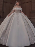 Luxury Ball Gown Off The Shoulder Short Sleeves Satin Wedding Dress HZ1024