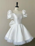 Simple A line Short Sleeves White Short Homecoming Dresses With Ruffles HZ1024