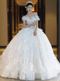 Luxury Ball Gown Off The Shoulder Short Sleeves White Lace Wedding Dress HZ1024