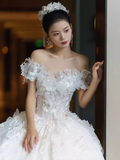 Luxury Ball Gown Off The Shoulder Short Sleeves White Lace Wedding Dress HZ1024